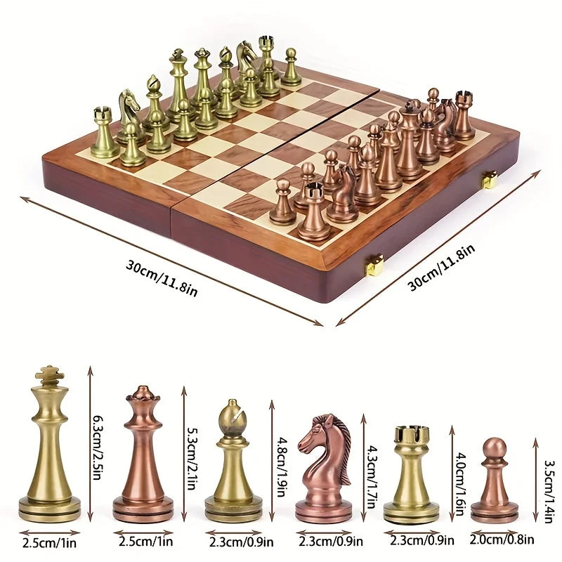 Large Metal Deluxe Chess Retro Copper Plated Alloy Chess Adult Set Board Game Portable Wooden Box Storage Folding Chess Set