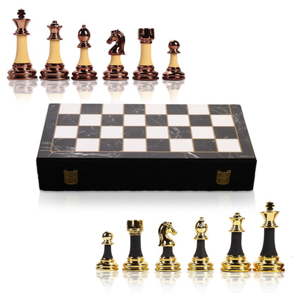 15 inch Wooden+Metal Chess Set for Adults and Kids Marbling Chess Board Chess Pieces Portable Travel Chess Sets Metal Wooden Ch