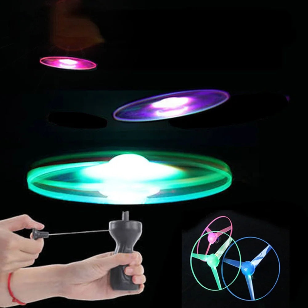 Disque volant à éclairage LED, hélice, hélicoptère, jouets, soucoupes volantes à ficelle, OVNI, toupie, jouets d'extérieur pour enfants, jeu amusant, sport