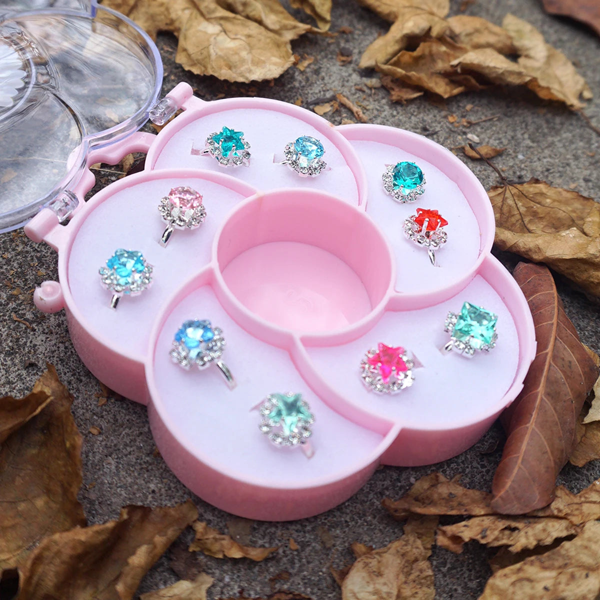 15PCS Little Girl Alloy Gemstone Rings Seashell Bag Children Kids Jewelry Set With Display Case Girl Pretend Play Dress Up Rings