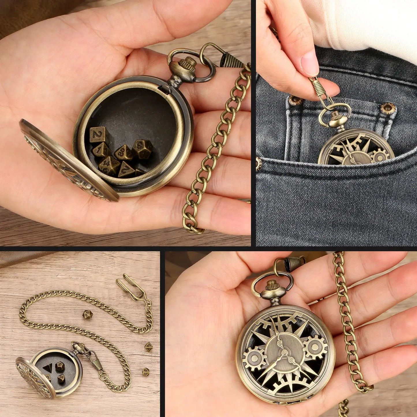 7 PCS DND Dice with Vintage Pocket Watch Cases for dnd with 39cm chain Hollow clock gear pocket watch DND dice Gifts Board Game