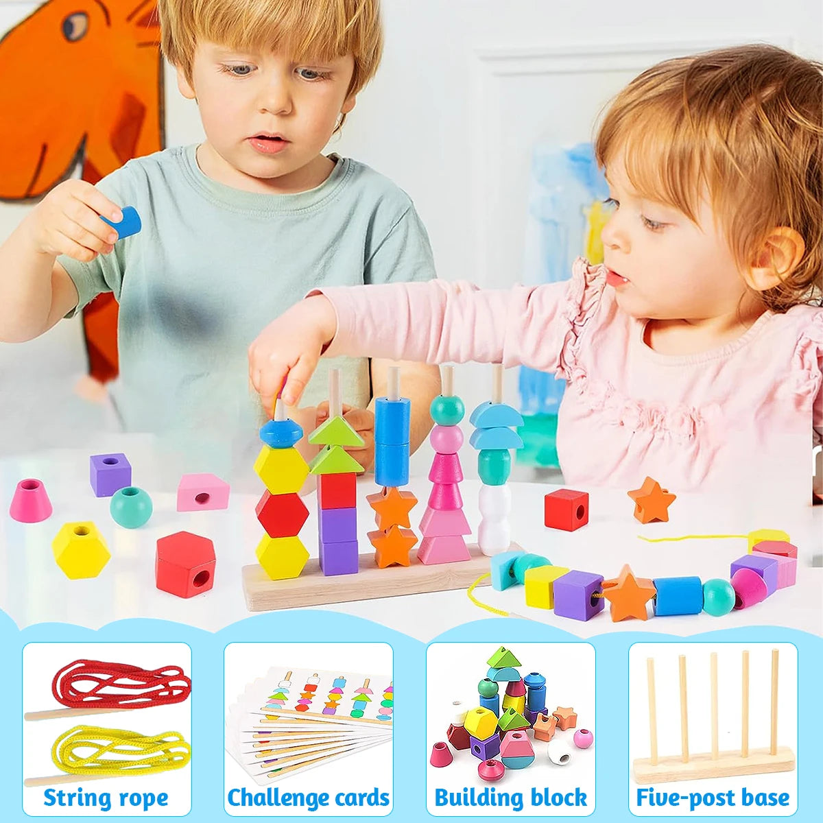 Montessori Wooden Beads Sequencing Toy Stacking Blocks & Lacing Beads & Matching Shape Stacker Montessori Learning Toys Gifts