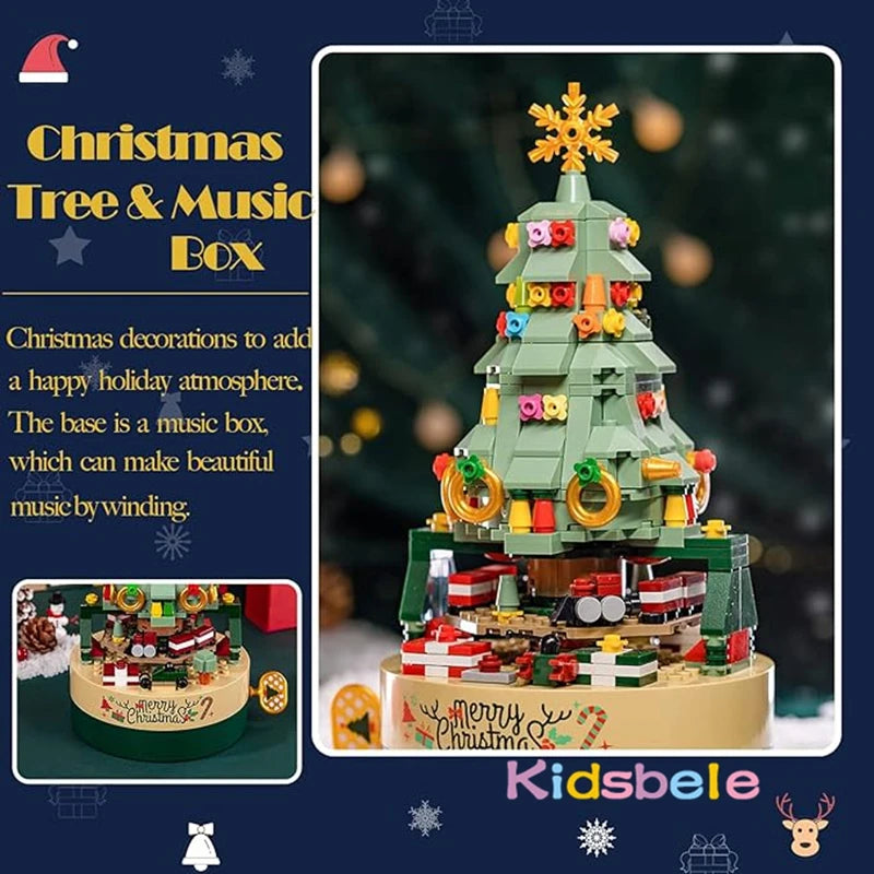 Colorful Christmas Tree Rotating Music Box Assembled Building Blocks Creative Ornaments Christmas Gift Toy Music Box