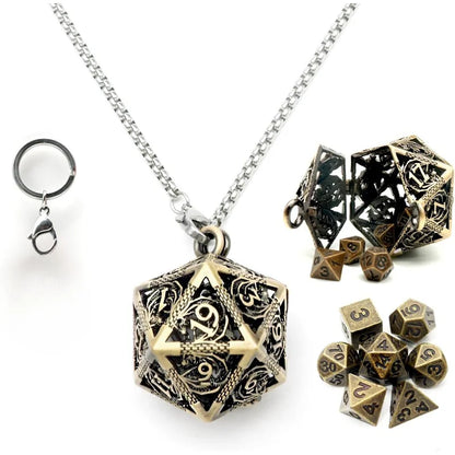 1 ensemble de mini dés DND en métal avec étui à dés en fer antique creux D20 collier ensemble de dés en métal antique minuscule porte-clés D&amp;D portable