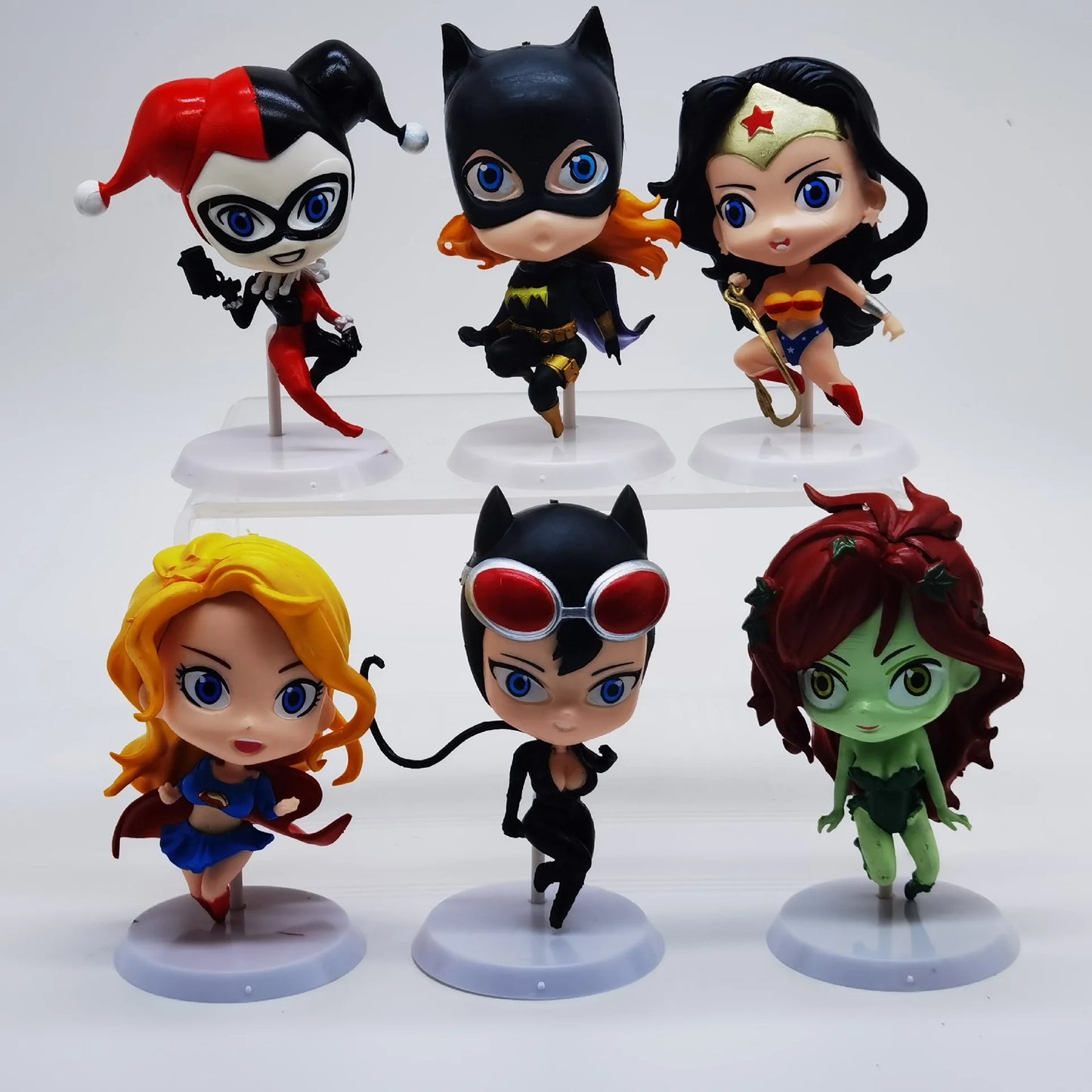 6pcs/set Super Hero Catwoman Wonder Woman Poison Ivy Supergirl BatGirl Harley Quinn Cute Figure Model Toys 8cm