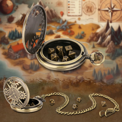 Boîtier de montre de poche Gear Dnd Dice pour donjons et dragons Pendentif Montre de poche creuse Ensemble de dés en métal avec dés DND en bronze Chians