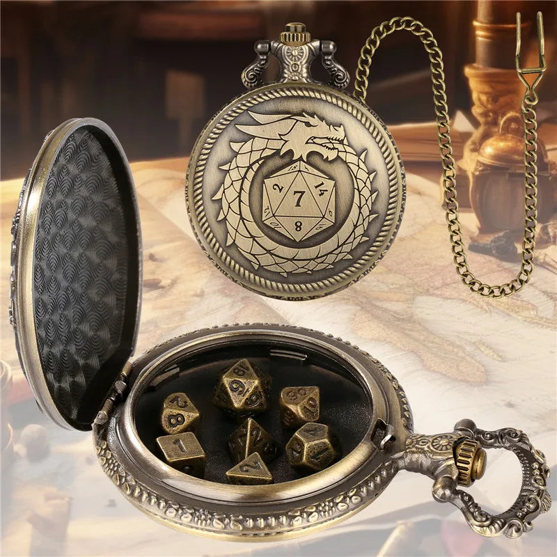 Dés de montre de poche rétro 7 pièces dés DND en métal boîtier de montre de poche Dragon dés de jeu pour jeu de société souvenirs cadeaux de Noël