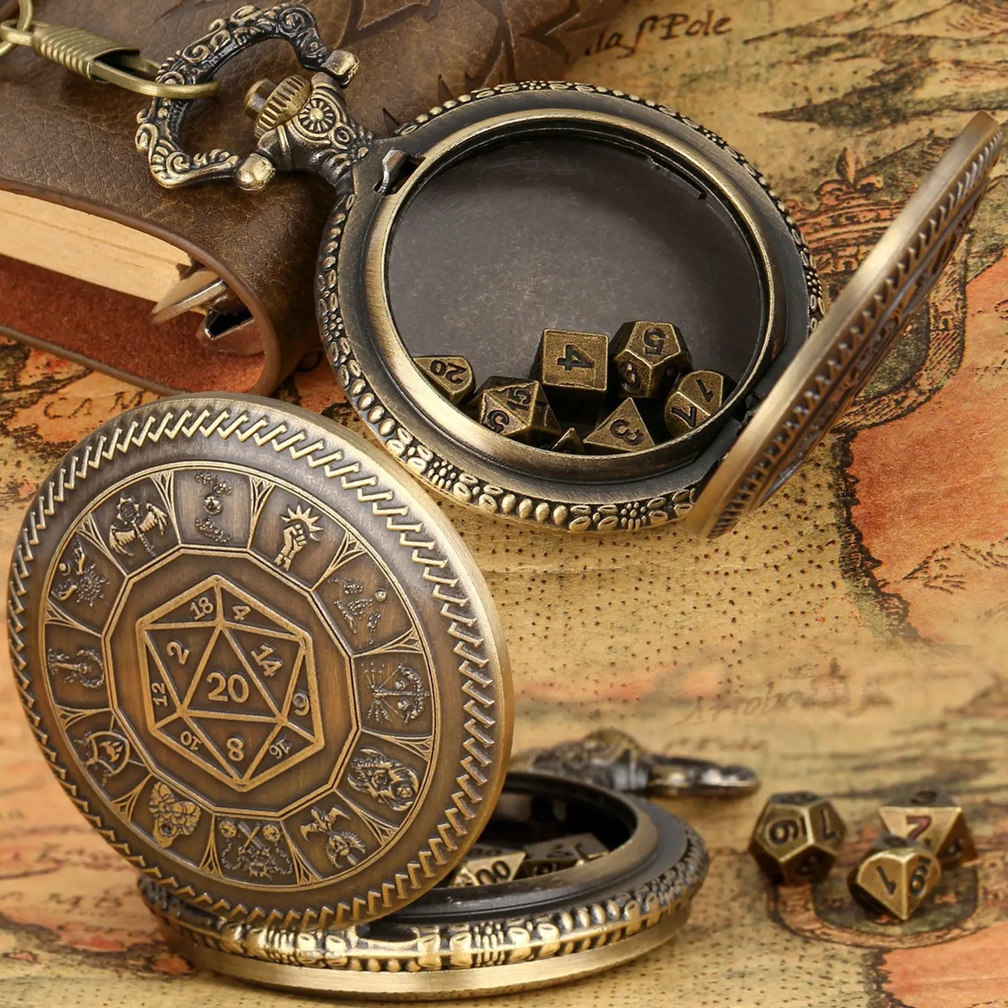 D20 Dragon Pocket Watch Shell DND Dice Case pocket watch Dice polyhedron Dice set with Mini Metal Dice Set for rpg players