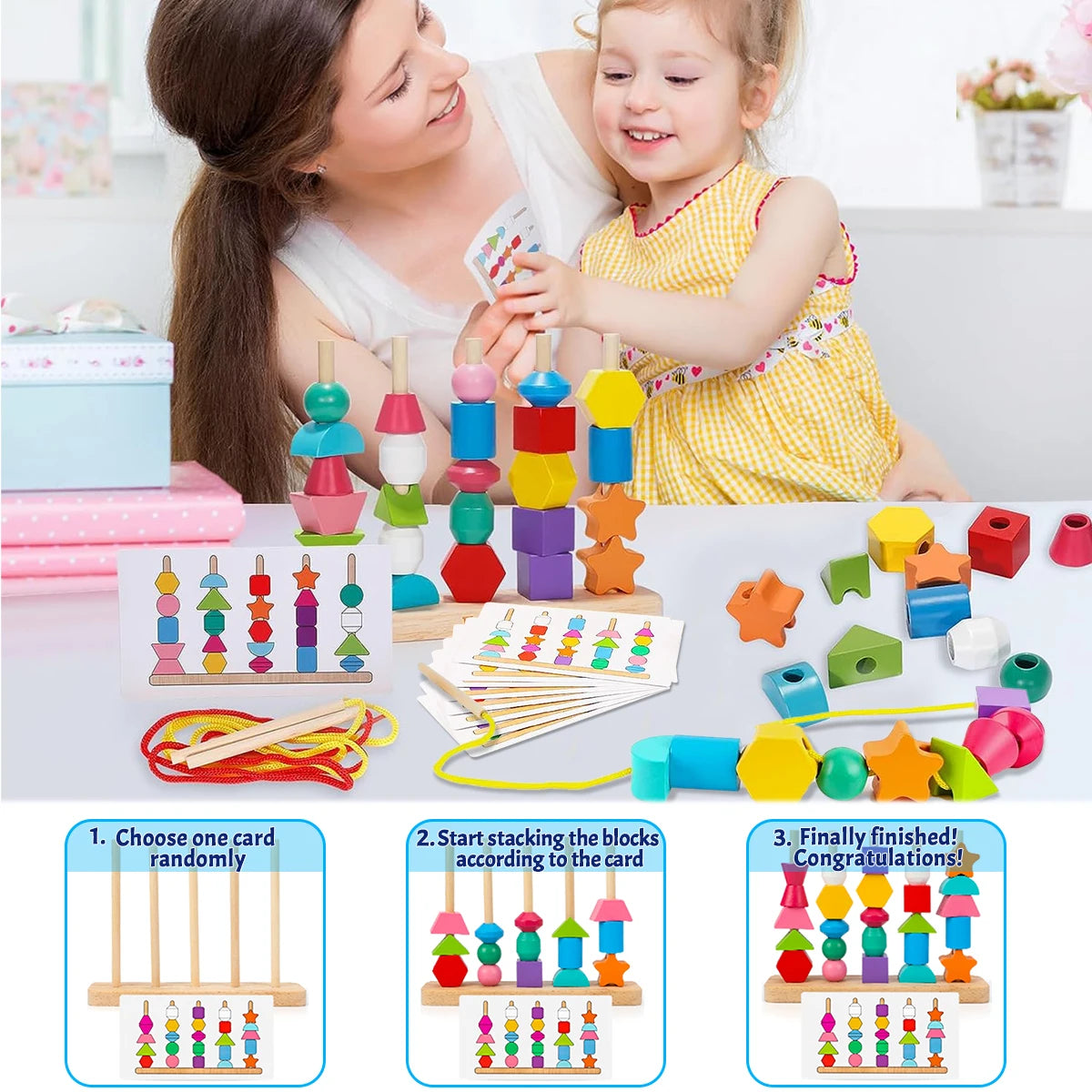 Montessori Wooden Beads Sequencing Toy Stacking Blocks & Lacing Beads & Matching Shape Stacker Montessori Learning Toys Gifts