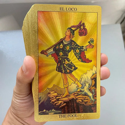 Cartas del tarot con lámina dorada en español e inglés, 12 x 7 cm, baraja adivinatoria y profética para principiantes con guía en 2 idiomas