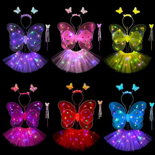 Jupe papillon clignotante à ailes lumineuses, robe de princesse, accessoires de costume à LED, jupes pour filles, cadeaux de fête d'ange, brille dans le noir