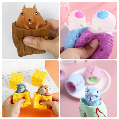 Jouet anti-stress à presser en forme de souris et de bloc de fromage amusant, figurines à cache-cache, jouets anti-stress pour enfants et adultes