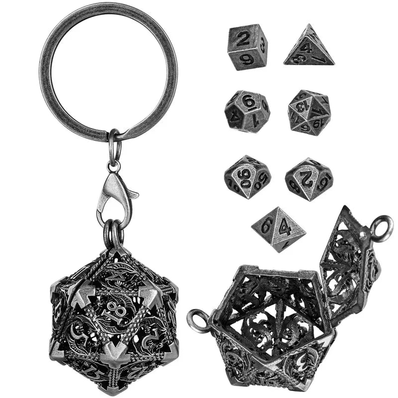 Llavero de dados con estuche de metal hueco D20, juego de 7 dados poliédricos de metal, collar con colgante de cadena para juegos, regalos de Navidad