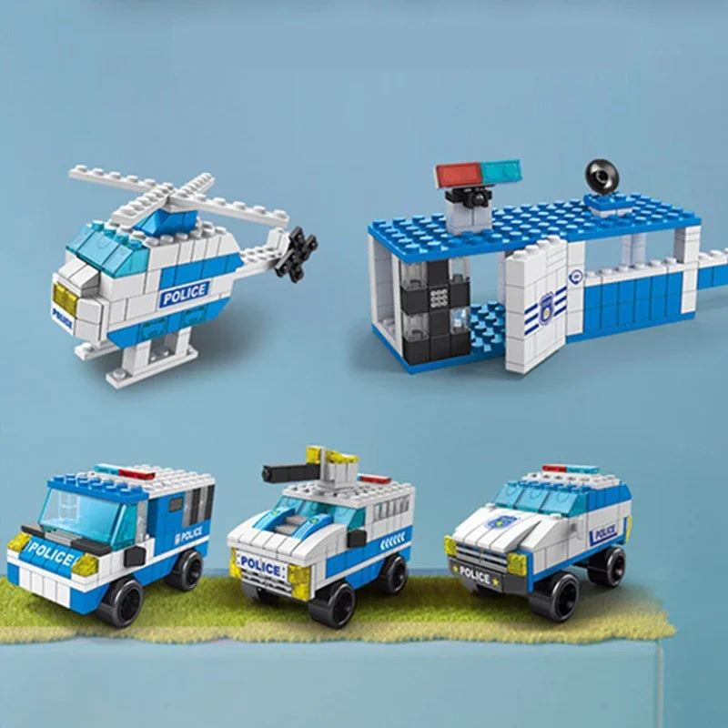 Bloques de construcción 6 en 1 para coche de policía de ciudad, camión minicargador con motor de ingeniería de bomberos, modelo clásico, juego de ladrillos, juguete, regalo de Navidad