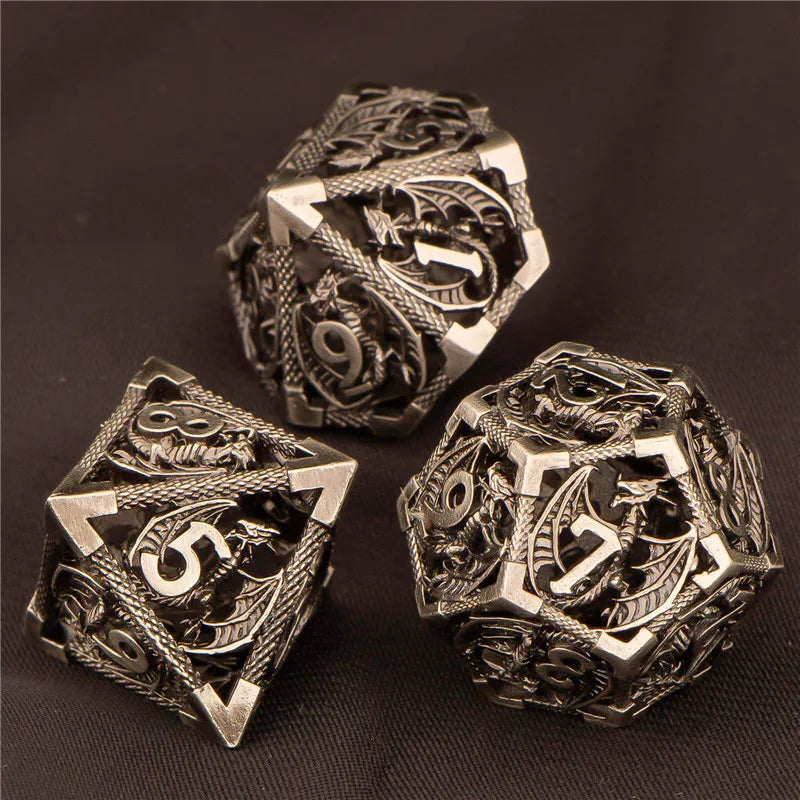 OUKELANWO DND Metal Hollow Dice Set D&amp;D, dés de jeu de rôle polyédriques, dés de donjon et de dragon D et D D20 D12 D10 D8 D6 D4