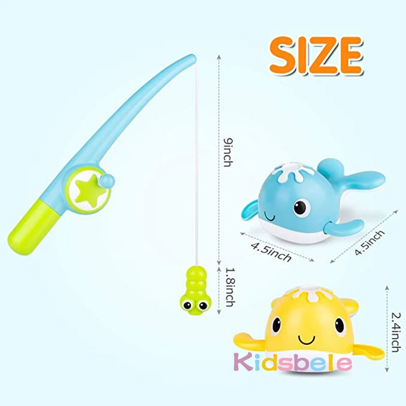 Bath Toy Magnetic Fishing Games Wind-up Swimming Whales Water Table Pool Bath Fun Time Bathtub Tub Toy for Toddler Kids Girl Boy