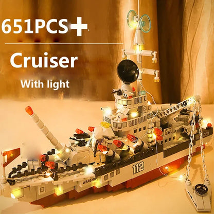 651PCS+Cruiser Military Building Block Seagoing Ship Patrol Destroyer Navigational Tools Model Brick DIY Compatible Toys For Boy