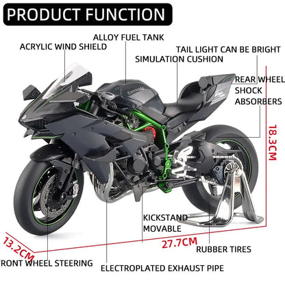 Modèle de moto en métal Kawasaki H2R à l'échelle 1/9, ornements statiques, simulation de son et de lumière, voiture moulée sous pression, jouet pour enfants, voiture d'anniversaire