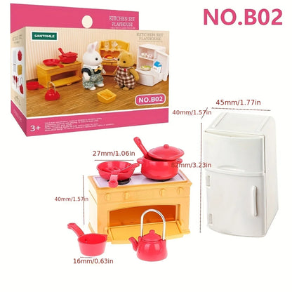 Ensemble de meubles pour maison de poupée 1/12 Maison de poupée miniature Famille de la forêt Cuisine Montessori complète avec accessoires de cuisine pour jouets