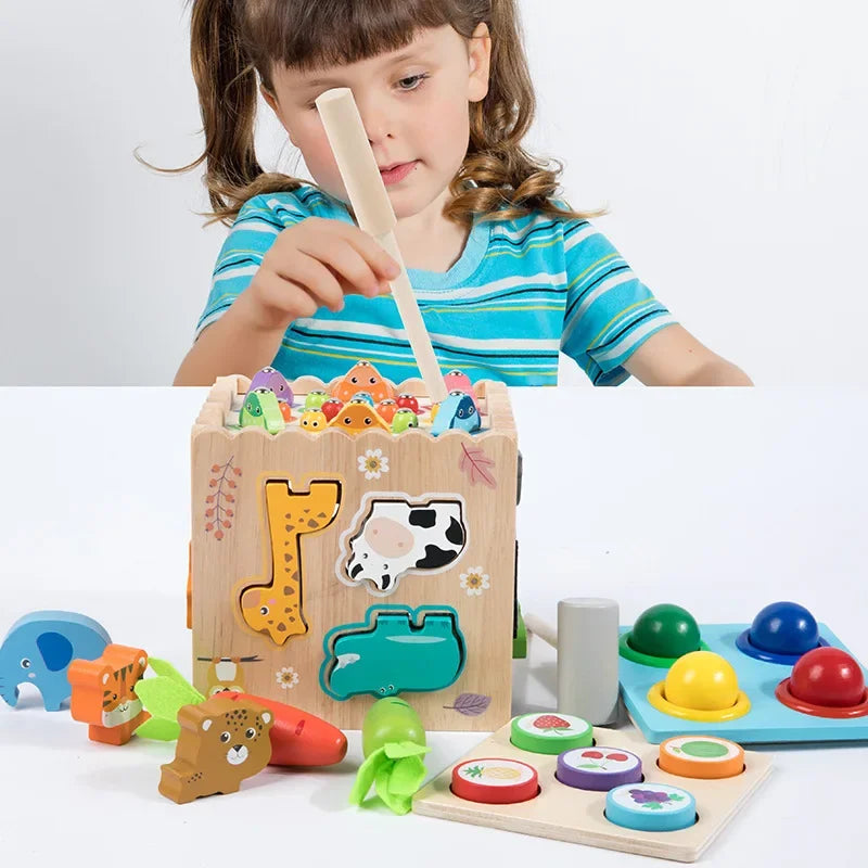 Children Multifunctional Wooden Montessori 8-in-1 Tapping Ball Animal Pairing Fishing Puzzle Box Early Education Board Game