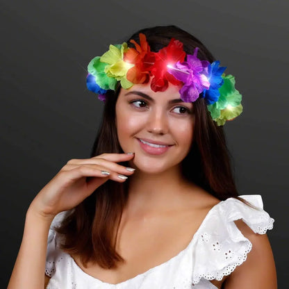 10 piezas de diadema floral con LED hawaiano, collares con flores luminosas, guirnaldas iluminadas, guirnaldas artificiales de arcoíris, suministros para fiestas de bodas