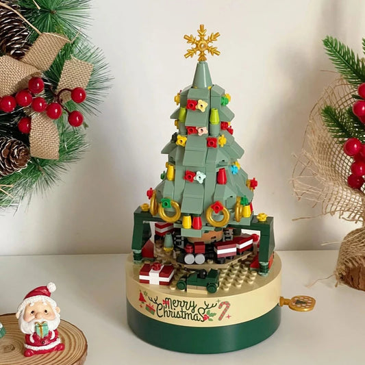 Colorful Christmas Tree Rotating Music Box Assembled Building Blocks Creative Ornaments Christmas Gift Toy Music Box