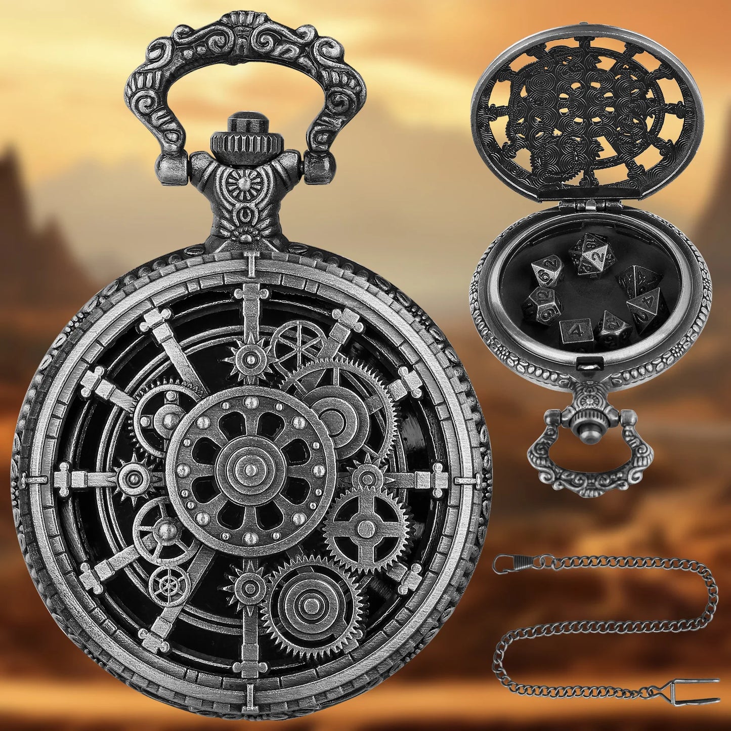 Colgante de dados para reloj de bolsillo Gear, dados DND para fiesta de Halloween y Navidad, caja hueca para reloj de bolsillo, dados de metal mini de 6 mm