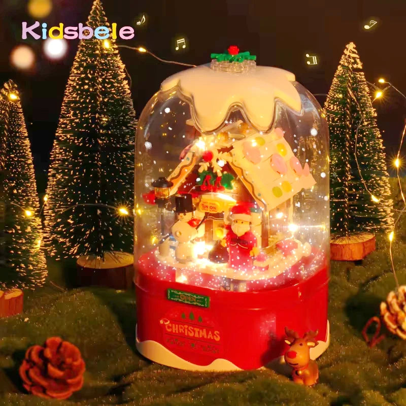 Christmas Building Blocks Music Box Building Blocks Kit Decoration with Snowing Effect and Music for Kids