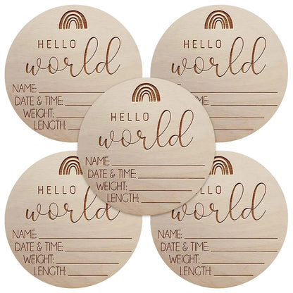 5 piezas de letreros de anuncio de estadísticas de nacimiento de bebé con el texto "Hola mundo", arcoíris, regalo para baby shower, hitos de madera para recién nacidos, accesorio para fotos