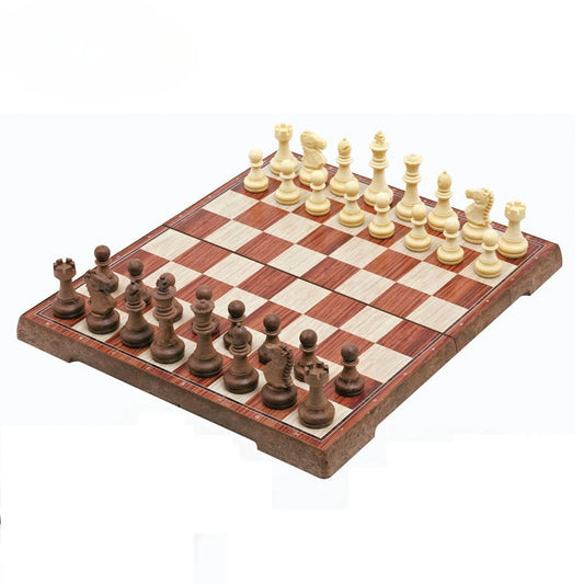 Woodgrain Plastic Chess Board Adult Children Travelling Camp Tabletop Game Portable Folding Chess Set 32 Magnetic Chess Pieces