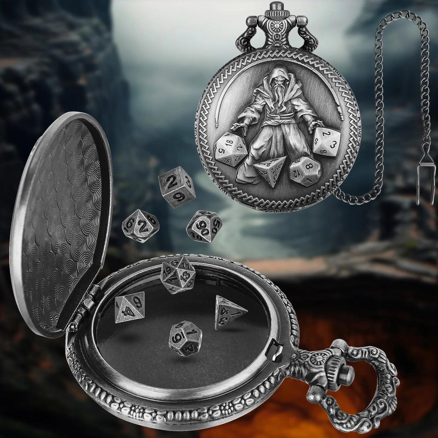 Estuche para dados DND con forma de reloj de bolsillo para dados de mazmorras y dragones, regalo, juego de dados DND en miniatura de metal poliédrico con carcasa de reloj de bolsillo