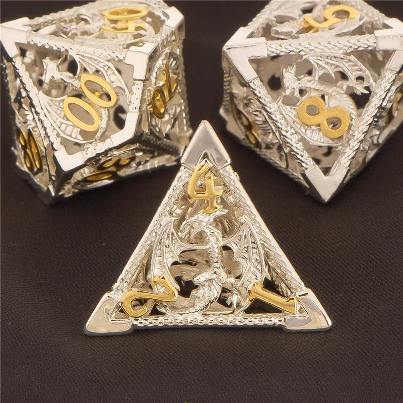 OUKELANWO DND Metal Hollow Dice Set D&amp;D, dés de jeu de rôle polyédriques, dés de donjon et de dragon D et D D20 D12 D10 D8 D6 D4