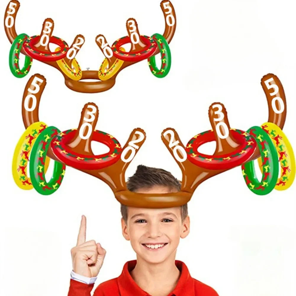 1 ensemble de jeu de Noël gonflable drôle de chapeau de bois de renne anneau de lancer jouets de Noël nouvel an enfants cadeau gonflable jeux de fête jouets