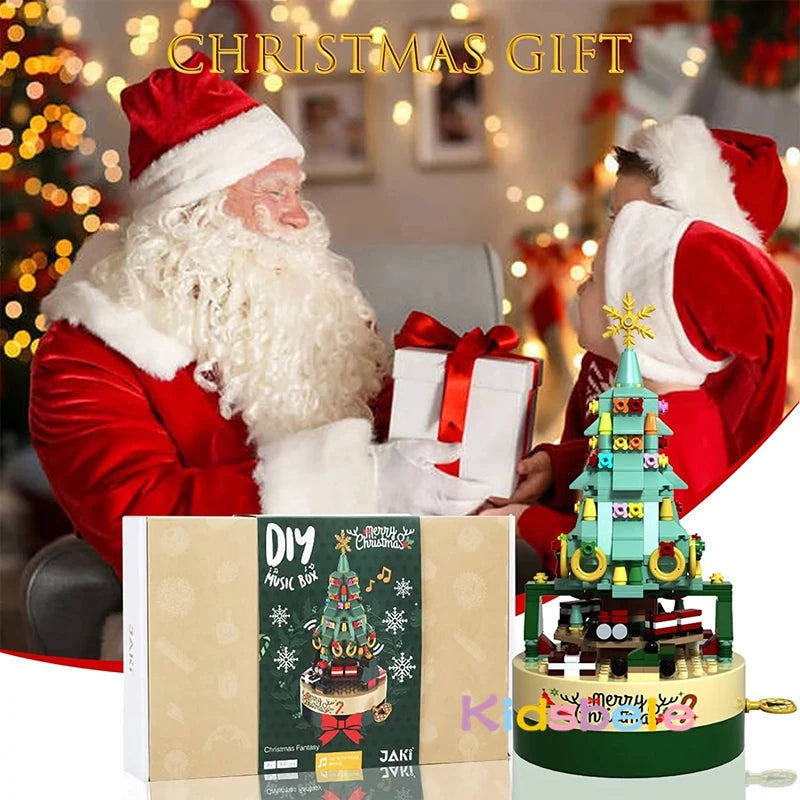 Colorful Christmas Tree Rotating Music Box Assembled Building Blocks Creative Ornaments Christmas Gift Toy Music Box