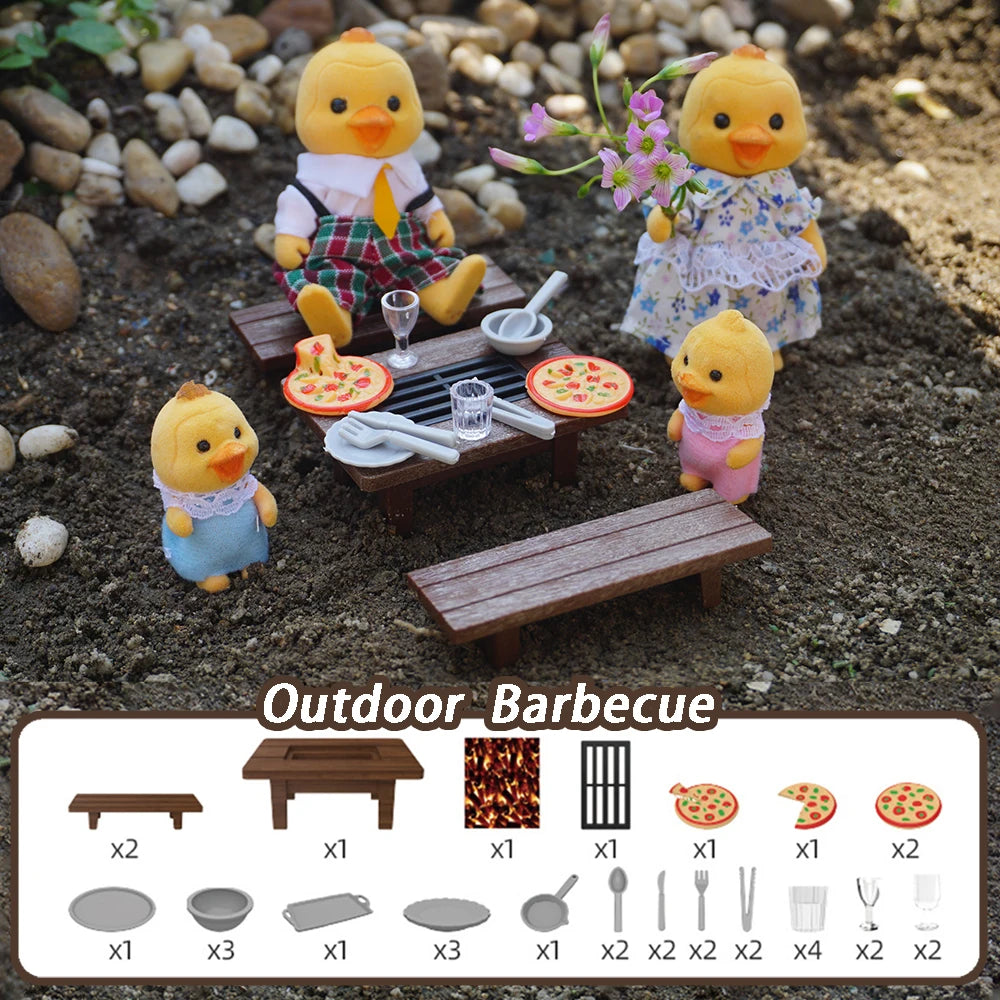 Dollhouse BBQ Miniature Furniture 1/12 Scale Outdoor Picnic Set Pretend Rabbit Duck Family Food Kitchen Toy Girl Birthday Gift