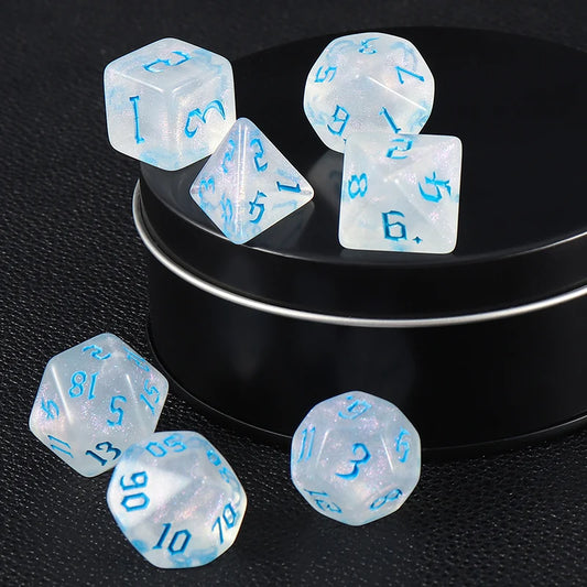 Juego de 7 dados poliédricos con purpurina blanca para juegos de rol DND, D4, D6, D8, D10, D%, D12, D20, para juegos de mesa