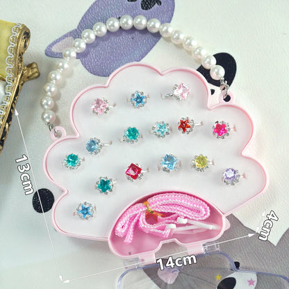 15PCS Little Girl Alloy Gemstone Rings Seashell Bag Children Kids Jewelry Set With Display Case Girl Pretend Play Dress Up Rings