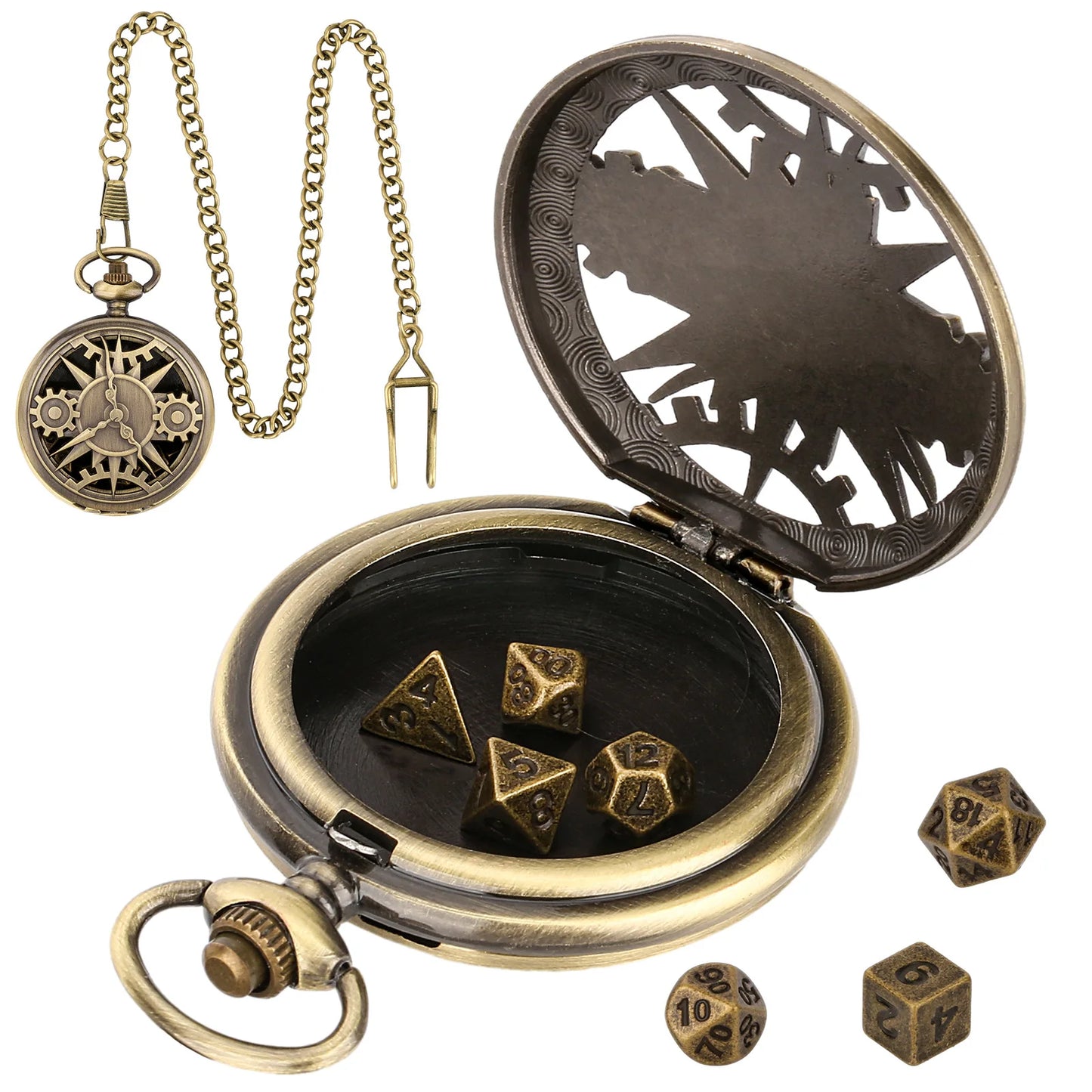 7 PCS DND Dice with Vintage Pocket Watch Cases for dnd with 39cm chain Hollow clock gear pocket watch DND dice Gifts Board Game