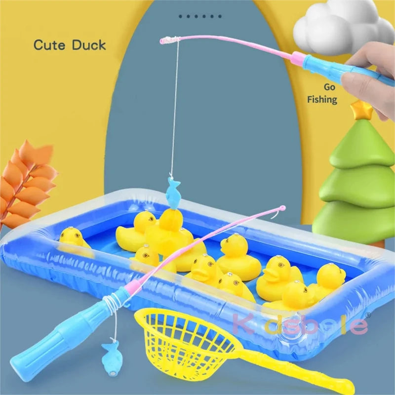 Duck Fishing Game Water Playing Summer Game Outdoor Party Toy For Kids Inflatable Pond 2 Rope Fish Pole Hooks 10 Floating Ducks