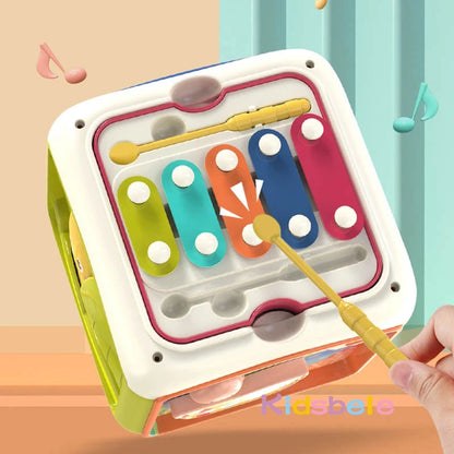 Cubo de actividades 7 en 1 para bebés, juguetes musicales para niños pequeños, tambor de mano, cuentas, Maza, clasificador de formas, juguetes educativos de aprendizaje para niños