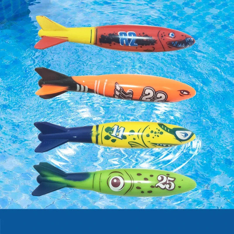 4 piezas de torpedos de buceo para piscina subacuática, juguetes para jugar en el agua, herramienta de entrenamiento deportivo al aire libre para bebés y niños, juguete de natación