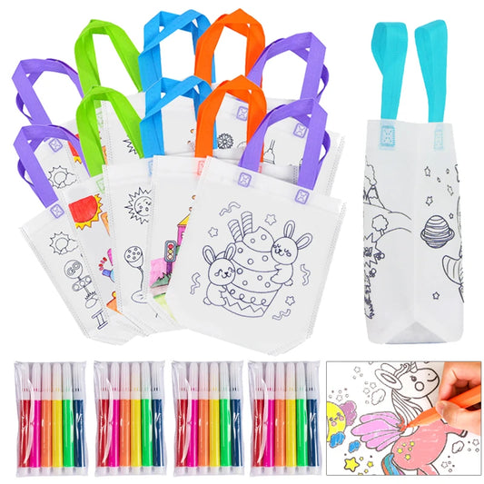 Sacs de graffitis à faire soi-même avec marqueur de coloriage, sacs cadeaux non tissés pour enfants, artisanat, remplissage de couleurs, jouets de dessin pour garçon et fille