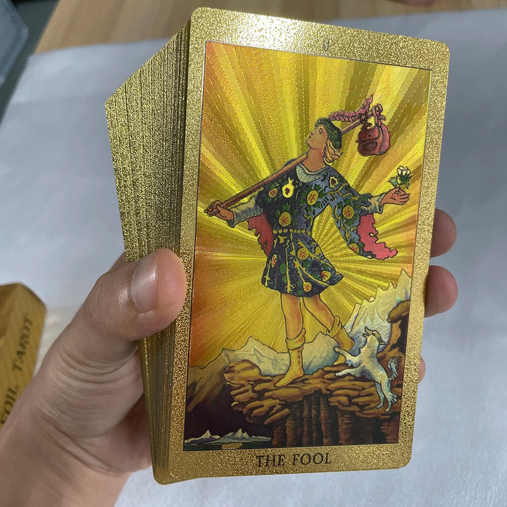 Hermosa baraja de tarot resistente de 12 x 7 cm, dorada brillante, versión clásica en inglés de alta calidad, cartas de adivinación con runas