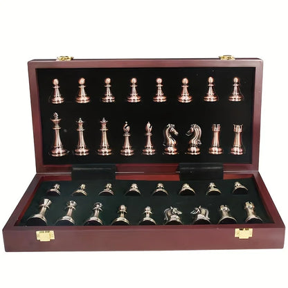 Jeu d'échecs en métal de 39 cm de large, 2 échiquiers supplémentaires pliables en bois, pièces d'échecs fabriquées à la main, jeu de table de voyage