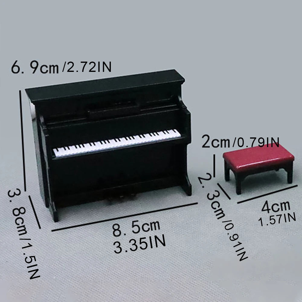 1:12 Accessoires de maison de poupée de piano miniature, mini réplique de piano de simulation avec tabouret et partition de musique accessoires photo noirs anniversaire