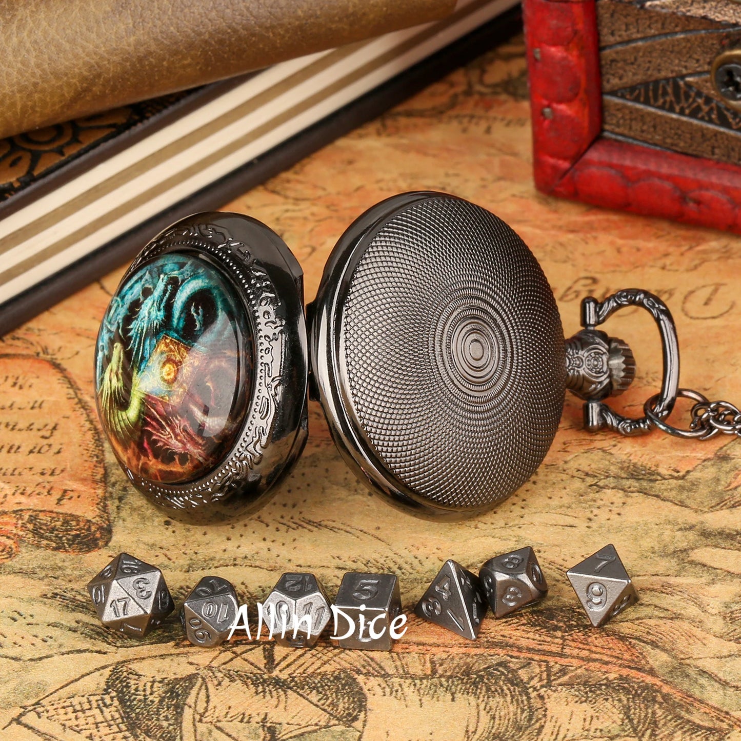 Montre de poche en métal Dragon Eyes Dice pour collectionneurs de dés, joueurs de jeux dnd. Mini montre de poche à dés dnd de 6 mm pour joueur de rpg