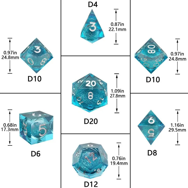 Nouveaux dés à noyau de flux de résine, noyau liquide DND pour donjons et dragons, jeu de société TRPG, ensemble de couleurs, dés polyédriques faits à la main D20 D12