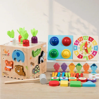 Children Multifunctional Wooden Montessori 8-in-1 Tapping Ball Animal Pairing Fishing Puzzle Box Early Education Board Game