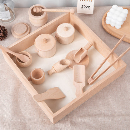 Casa de juegos para niños Beech Log, juego de té, caja sensorial, juego de utensilios de cocina para el té de la tarde