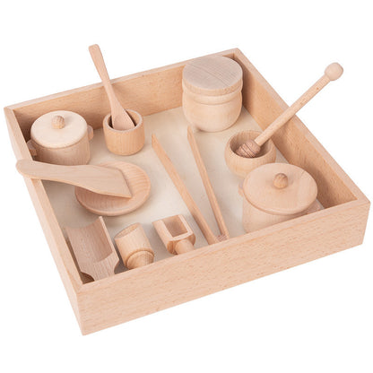 Casa de juegos para niños Beech Log, juego de té, caja sensorial, juego de utensilios de cocina para el té de la tarde